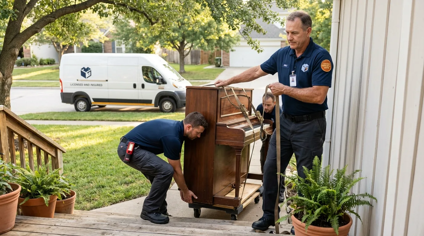 Licensed piano movers securing grand piano in Lindale, TX