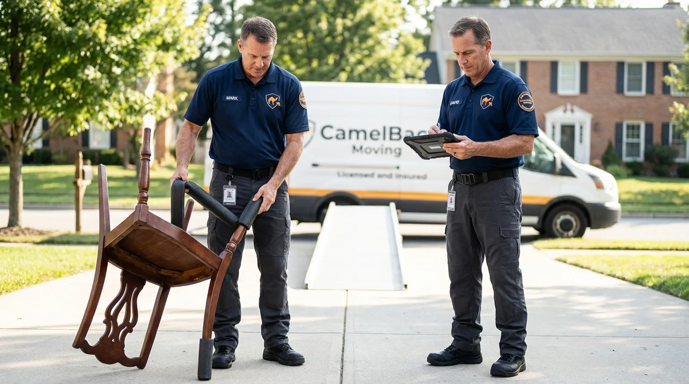 Movers inspecting furniture for damage prevention before loading in Lindale, TX